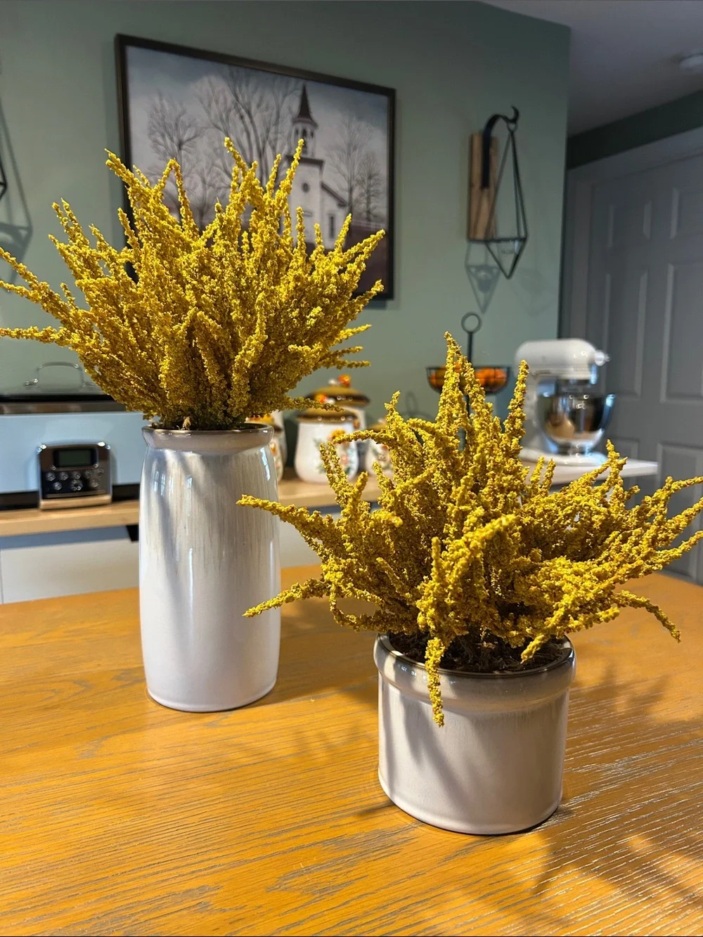 Threshold Bundle of Yellow Heather Arrangement in White Ceramic Vase